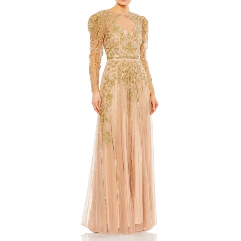 Mac Duggal Embellished Beaded Illusion Puff Long Sleeve Gown - BROKEN ZIPPER!